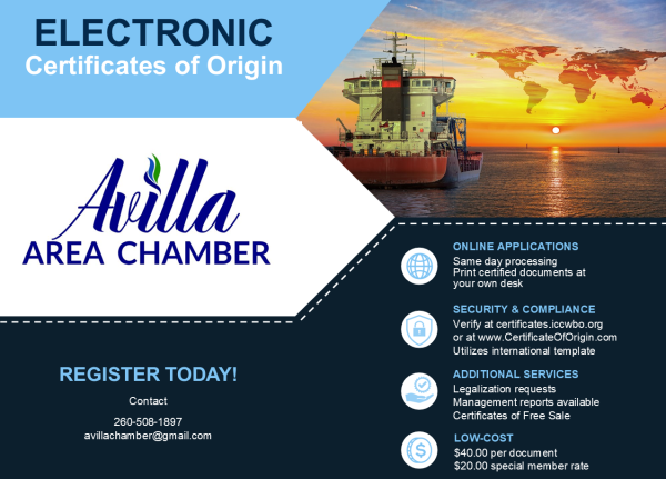 Avilla Area Chamber Certificate of Origin - Electronic